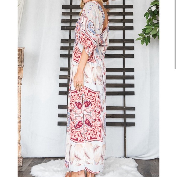 Multi Stripe Floral Print V-Neck Dolman Sleeves Maxi Dress with Side… - Picture 12 of 16